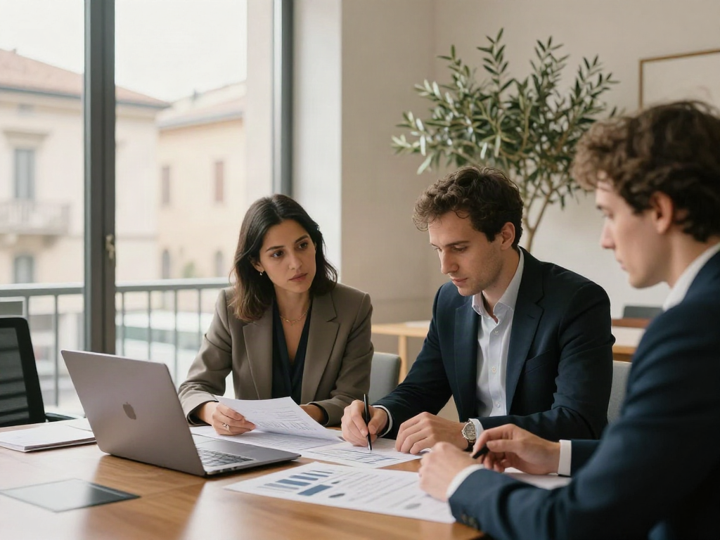 Consultants collaborating on charts and strategic priorities during a business review